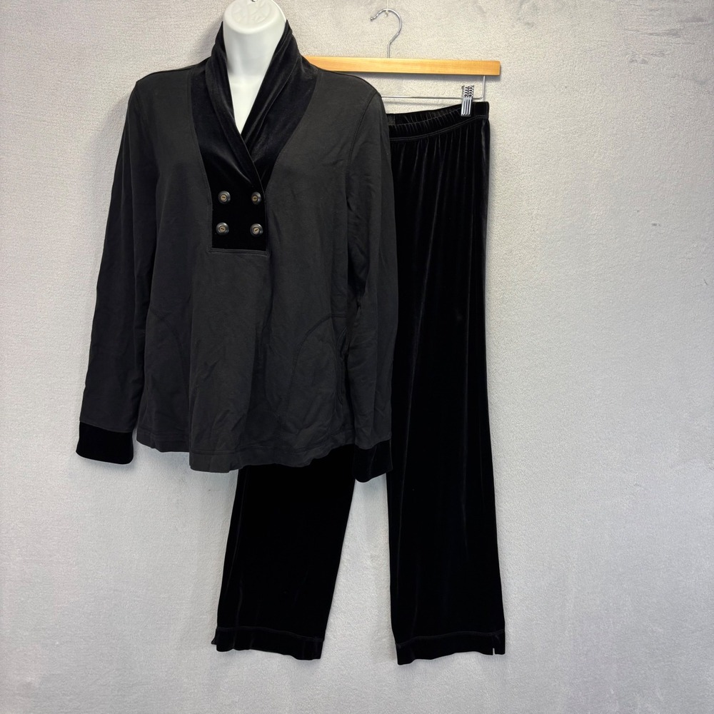 Hot Cotton Black Velvet Lounge Set Womens PM Petite Medium Wide Leg Pants Pajama
